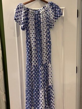 Oliphant Blue and White Maxi Dress - Patterned Off-Shoulder
